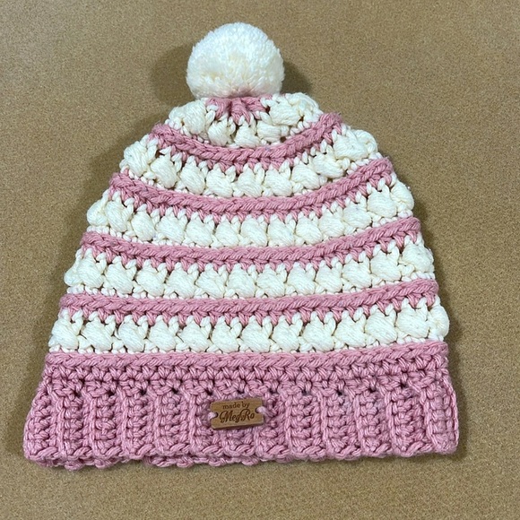 ROSEY PINK & IVORY CROCHETED TODDLER GIRLS HAT BY MEG RO #CANCER-SUCKS SIZE 2-3T - Picture 1 of 3